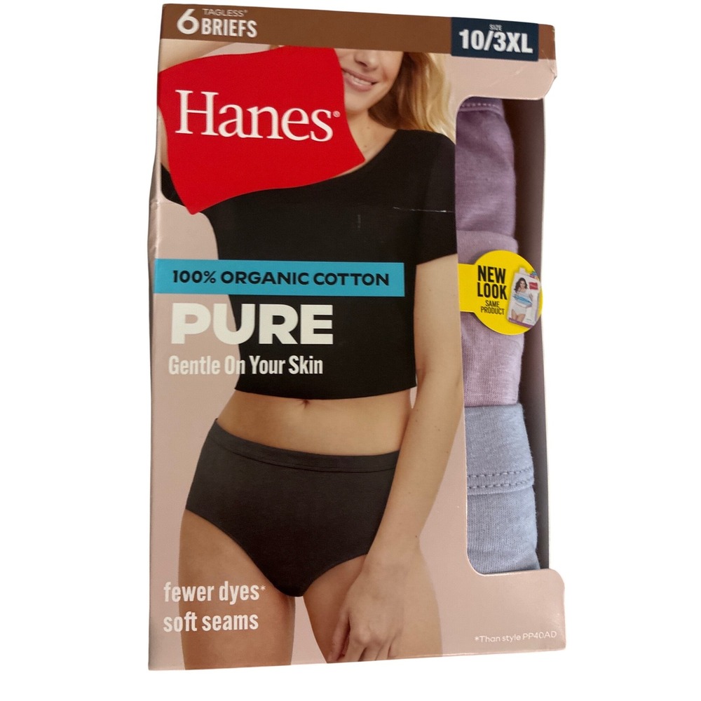 Hanes Pure Women 6 Pack 100% Organic Cotton Briefs Tagless Size‎ 10/3XL PC40AS